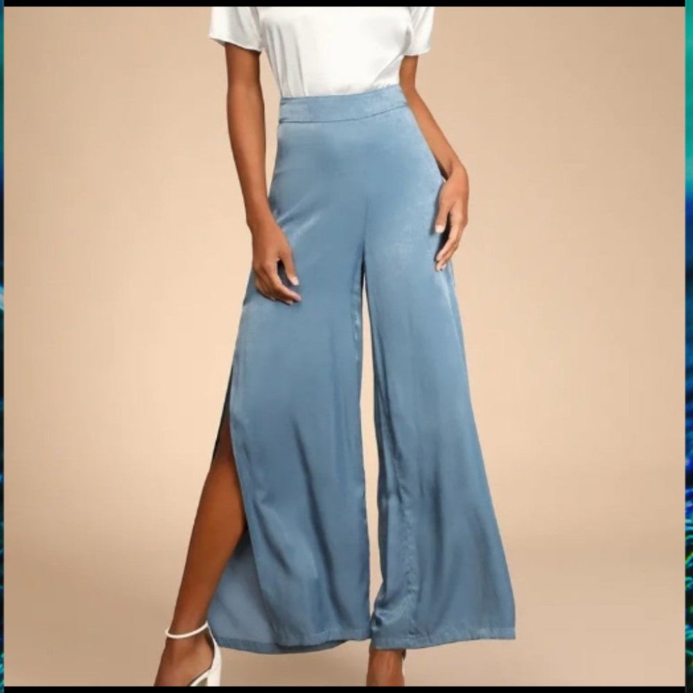 Sophisticated Moves Blue Satin Wide-Leg Side Slit Pants